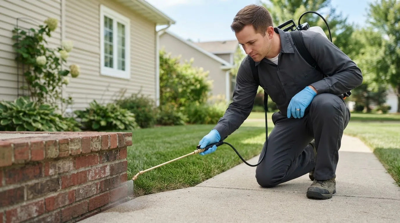 Pest control technician treating a home near Klemme, IA