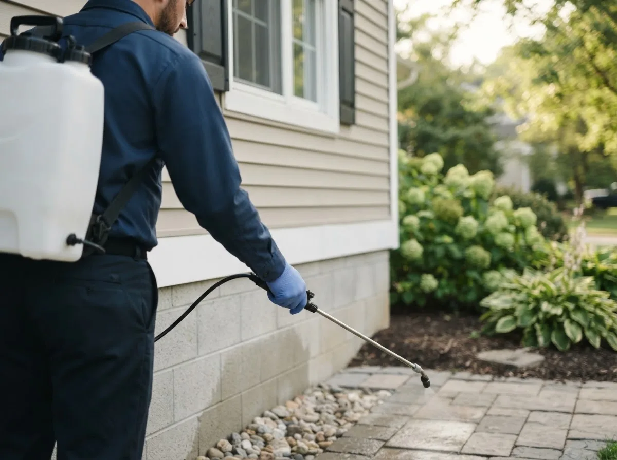 Pest control technician inspecting a home in Klemme, IA